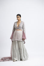 Load image into Gallery viewer, LAVENDER TULLE PEPLUM WITH GREY LAYERED GEORGETTE SHARARA