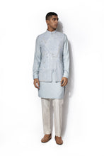 Load image into Gallery viewer, Ice Blue Asymmetrical Embroidered Bundi Kurta Set