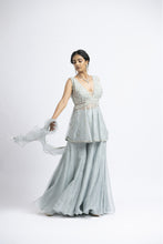 Load image into Gallery viewer, GREY BLUE ORGANZA PEPLUM SHARARA SET