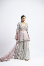 Load image into Gallery viewer, LAVENDER TULLE PEPLUM WITH GREY LAYERED GEORGETTE SHARARA