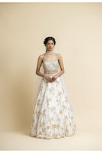Load image into Gallery viewer, OFF WHITE EMBROIDERED LEHENGA WITH BUSTIER AND STYLISED DUPATTA
