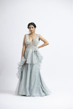 Load image into Gallery viewer, GREY BLUE ORGANZA PEPLUM SHARARA SET