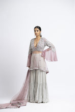 Load image into Gallery viewer, LAVENDER TULLE PEPLUM WITH GREY LAYERED GEORGETTE SHARARA