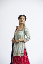 Load image into Gallery viewer, GEORGETTE KURTA AND DUPATTA WITH TIERED BANDHEJ SHARARA GOTA EMBROIDERY