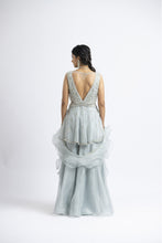 Load image into Gallery viewer, GREY BLUE ORGANZA PEPLUM SHARARA SET