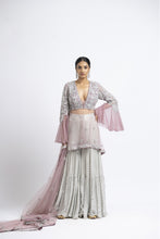 Load image into Gallery viewer, LAVENDER TULLE PEPLUM WITH GREY LAYERED GEORGETTE SHARARA