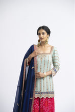 Load image into Gallery viewer, GEORGETTE KURTA AND DUPATTA WITH TIERED BANDHEJ SHARARA GOTA EMBROIDERY