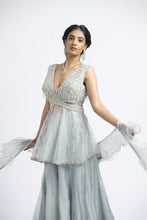 Load image into Gallery viewer, GREY BLUE ORGANZA PEPLUM SHARARA SET