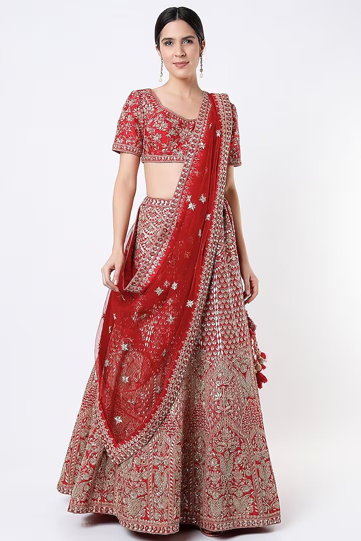 Coral Raw Silk Lehenga Set Gota Work