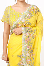 Load image into Gallery viewer, Lemon Yellow Organza Embroidered Saree Set