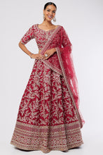 Load image into Gallery viewer, Maroon raw silk heavily hand embroidered lehenga
