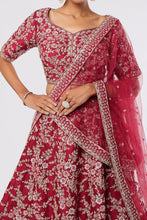 Load image into Gallery viewer, Maroon raw silk heavily hand embroidered lehenga
