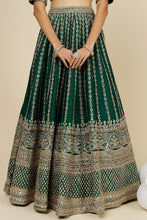 Load image into Gallery viewer, Bottle green raw silk embroidered lehenga