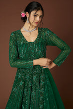 Load image into Gallery viewer, Bottle green net self on self embroidered lehenga