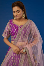 Load image into Gallery viewer, Purple raw silk zari embroidered lehenga