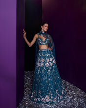 Load image into Gallery viewer, Peacock Blue Net Lehenga Set