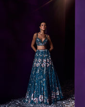 Load image into Gallery viewer, Peacock Blue Net Lehenga Set