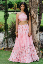 Load image into Gallery viewer, Blush Pink Floral Printed Embroidered Crop-Top & Flared Skirt Set
