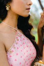 Load image into Gallery viewer, Blush Pink Floral Printed Embroidered Crop-Top & Flared Skirt Set