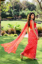 Load image into Gallery viewer, Cherry Red Floral Printed Pre-Stitched Saree Set