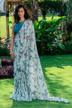 Load image into Gallery viewer, Powder Blue Printed & Embroidered Drape Saree Set