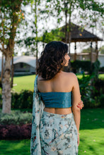 Load image into Gallery viewer, Powder Blue Printed & Embroidered Drape Saree Set