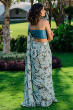 Load image into Gallery viewer, Powder Blue Printed & Embroidered Drape Saree Set