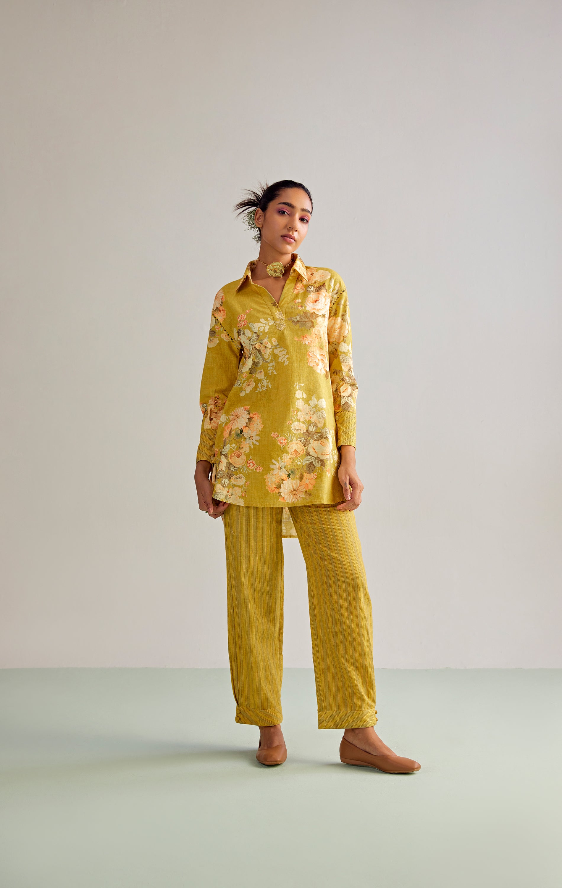 Women Mustard Yellow Empire Tunic With Trousers Co-Ord Set
