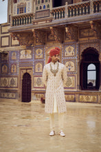 Load image into Gallery viewer, LIGHT BEIGE RAW SILK SHERWANI WITH KURTA CHURIDAR AND OPTIONAL WORKED STOLE BELT AND JUTIS