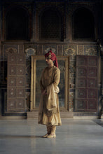 Load image into Gallery viewer, GOLD MATKA SILK ANGRAKHA STYLE SHERWANI WITH A CHANDERI BOOTI CHOGA AND CHURIDAR. IT HAS AN OPTIONAL BELT , STOLE AND WORKED JUTIS