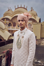 Load image into Gallery viewer, NUDE RAW SILK SHERWANI WITH KURTA CHRIDAR AND OPTIONAL WORKED STOLE, BELT AND JUTI