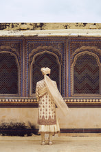 Load image into Gallery viewer, BEIGE RAW SILK SHERWANI WITH A COTTON SILK CHOGA AND CHURIDAR, WITH AN OPTIONAL STOLE AND JUTIS