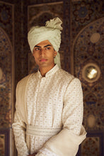 Load image into Gallery viewer, IVORY RAW SILK SHERWANI WITH KURTA CHURIDAR AND OPTIONAL STOLE BELT AND EMBROIDERED JUITS
