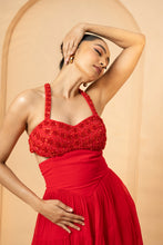 Load image into Gallery viewer, Self on self work of sequin, beads, and anchor thread , on the upper part of the dress,