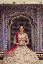 Load image into Gallery viewer, GOLD TISSUE LEHENGA CHOLI SET WITH RED DUPATTA AND AN OPTIONAL MINT GREEN DUPATTA, BELT AND GOLD HEAD VEIL .