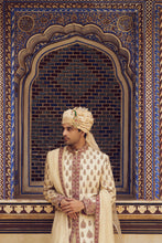 Load image into Gallery viewer, BEIGE RAW SILK SHERWANI WITH A COTTON SILK CHOGA AND CHURIDAR, WITH AN OPTIONAL STOLE AND JUTIS