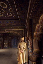 Load image into Gallery viewer, GOLD RAW SILK SHORT SHERWANI WITH A SATIN KURTA AND DHOTI WITH AN OPTIONAL WORKED STOLE AND JUTIS