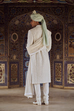 Load image into Gallery viewer, IVORY RAW SILK SHERWANI WITH KURTA CHURIDAR AND OPTIONAL STOLE BELT AND EMBROIDERED JUITS