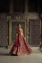 Load image into Gallery viewer, DEEP RED RAW SILK LEHENGA CHOLI WITH NET DUPATTA AND WORKED BELT.