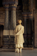Load image into Gallery viewer, GOLD SHERWANI SET WITH CHOGA AND CHURIDAR WHICH COMES WITH AN OPTIONAL WORKED STOLE AND JUTIS