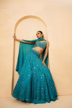 Load image into Gallery viewer, Intricate handwork of mirrors and pearls all over lehenga, blouse and dupatta