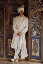 Load image into Gallery viewer, IVORY RAW SILK SHERWANI WITH KURTA CHURIDAR AND OPTIONAL STOLE BELT AND EMBROIDERED JUITS