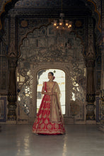 Load image into Gallery viewer, RED RAW SILK LEHENGA CHOLI WITH NET DUPATTA WITH AN OPTIONAL BEIGE NET DUPATTA AND WORKED BELT.