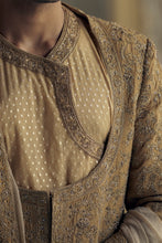 Load image into Gallery viewer, GOLD MATKA SILK ANGRAKHA STYLE SHERWANI WITH A CHANDERI BOOTI CHOGA AND CHURIDAR. IT HAS AN OPTIONAL BELT , STOLE AND WORKED JUTIS