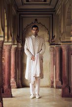 Load image into Gallery viewer, BLUSH RAW SILK SHERWANI WITH KURTA AND TROUSER WITH AN OPTIONAL STOLE, WORKED BELT AND WORKED JOOTI