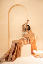 Load image into Gallery viewer, Self on self embelishments of crystal stones,and pearls all over blouse and belt of the saree.