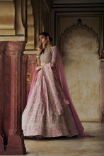 Load image into Gallery viewer, BLUSH PINK VELVET LEHENGA CHOLI WITH NET DUPATTA AND AN OPTIONAL WORKED BELT AND SECOND DUPATTA