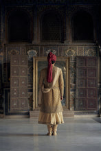 Load image into Gallery viewer, GOLD MATKA SILK ANGRAKHA STYLE SHERWANI WITH A CHANDERI BOOTI CHOGA AND CHURIDAR. IT HAS AN OPTIONAL BELT , STOLE AND WORKED JUTIS