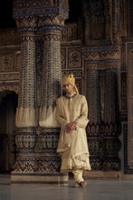 Load image into Gallery viewer, GOLD SHERWANI SET WITH CHOGA AND CHURIDAR WHICH COMES WITH AN OPTIONAL WORKED STOLE AND JUTIS
