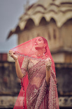 Load image into Gallery viewer, MAROON NET EMBROIDERED SAREE BLOUSE WITH PETTICOAT AND AN OPTIONAL HEAD VEIL .